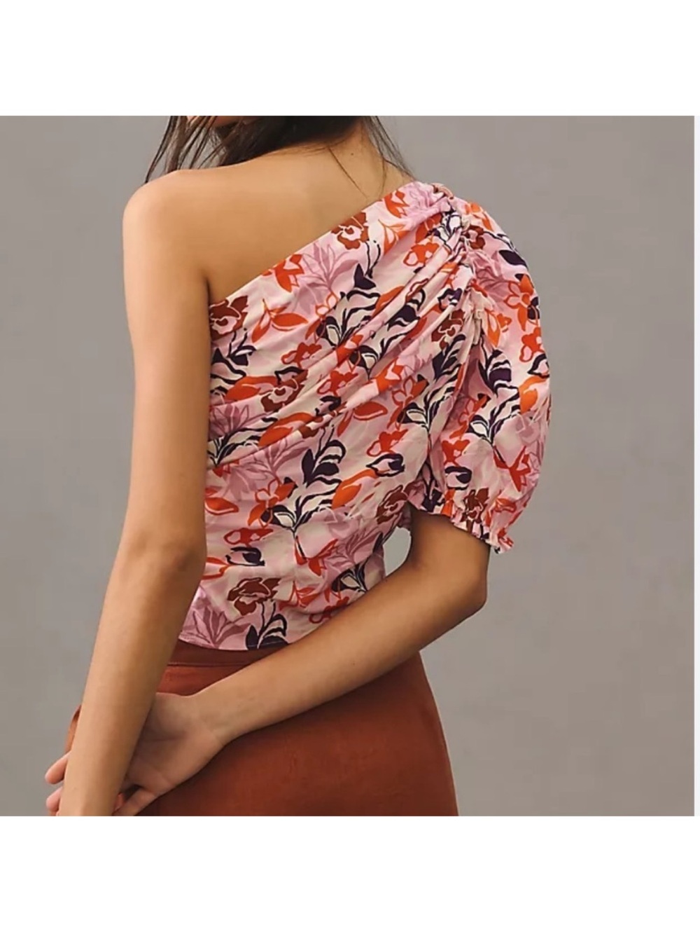 Anthropologie Pink and Orange Floral One-Shoulder Blouse Women’s XS